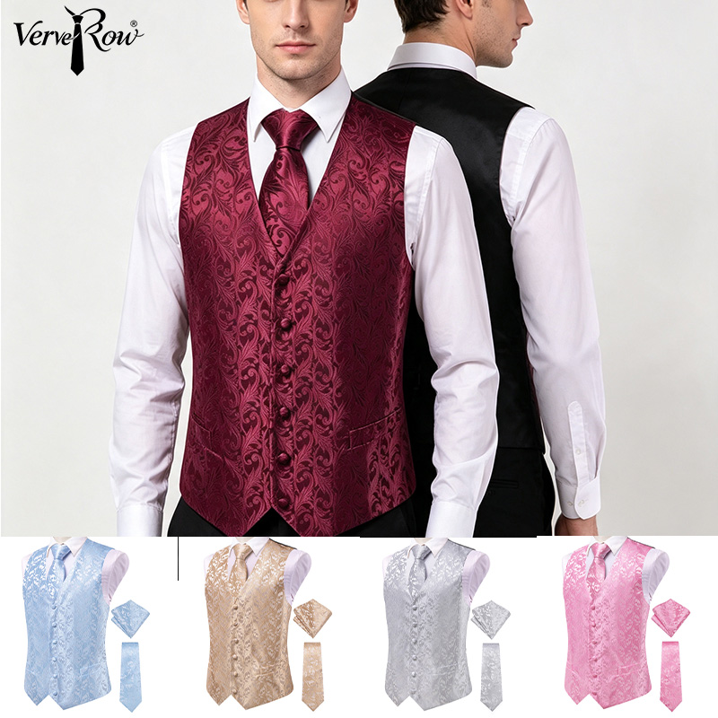 Pocket Square Set - VerveRow Men Burgundy Floral Jacquard Suit